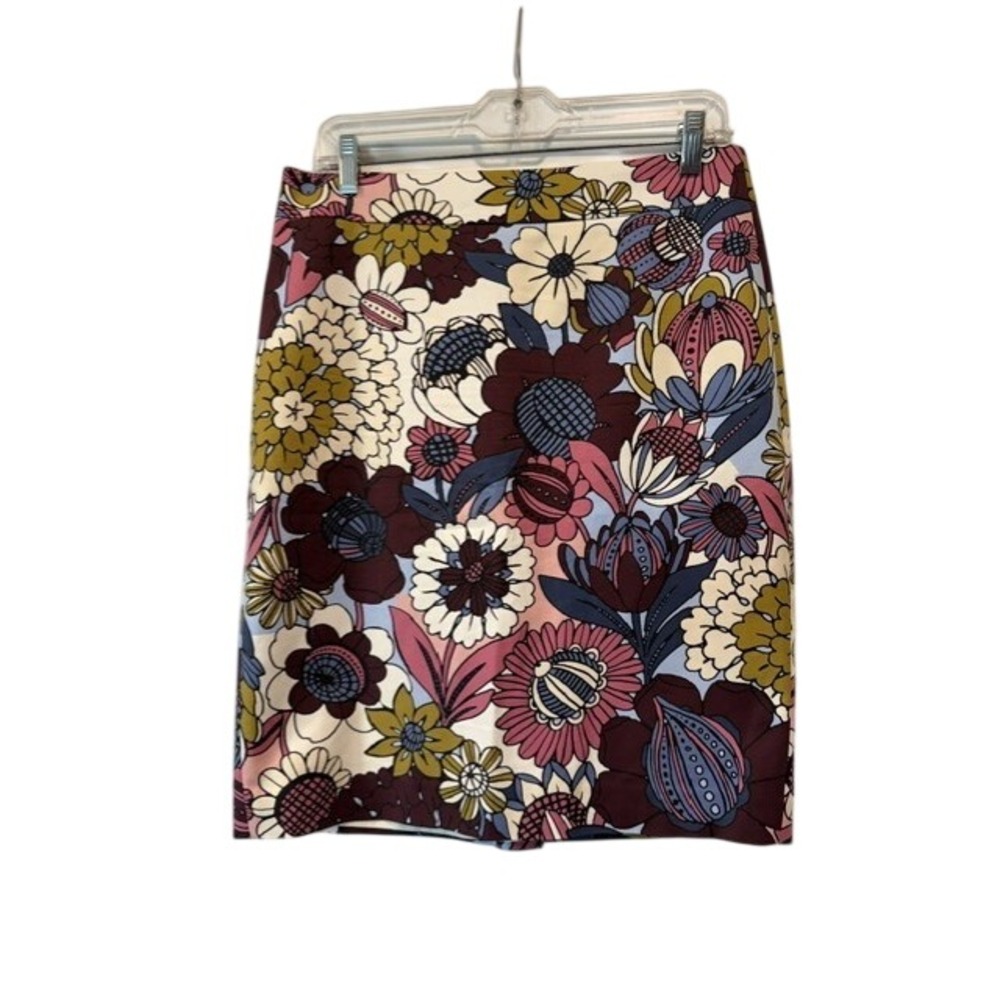 Ann Taylor Factory Skirt Womens Retro Floral Pencil Midi Burgundy Pink Mod Sz 6